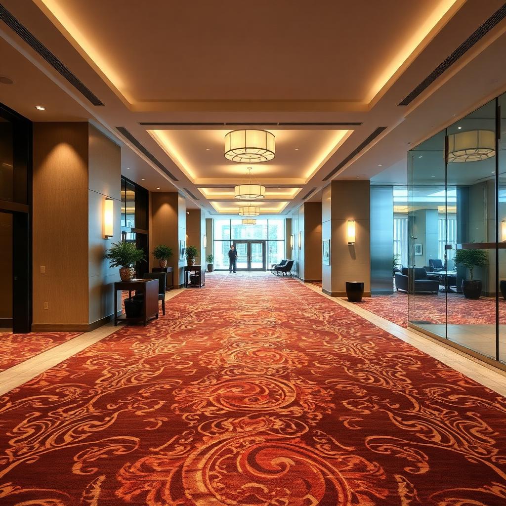 Hotel lobby with patterned commercial carpet